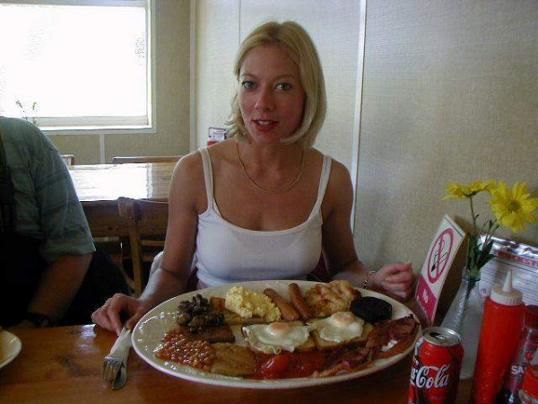 Elaine at the Midway Truck Stop with her Desperate Dan breakfast