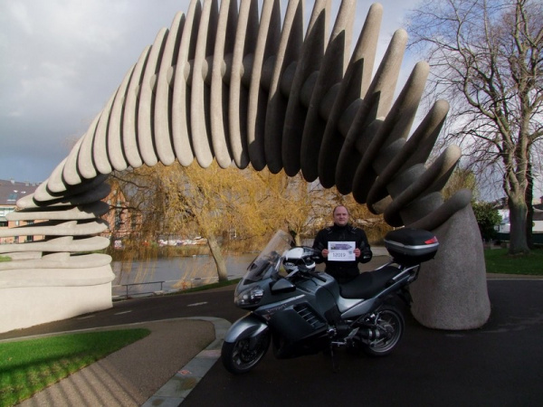 Zoom in Andy and his Kawasaki GTR1400 at the Quantum Leap Sculpture