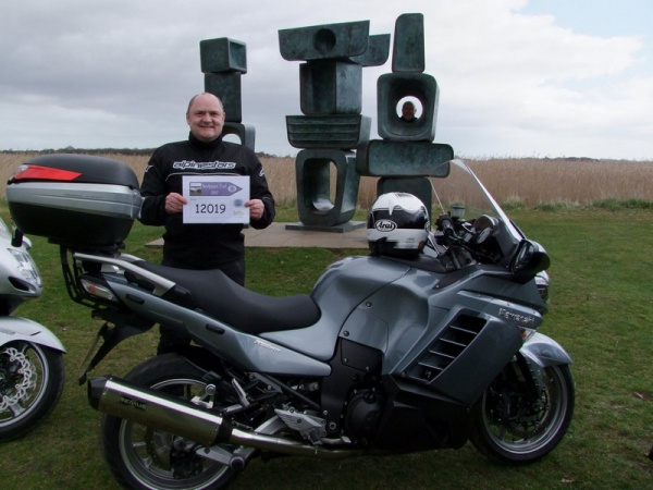 Zoom in Andy and his Kawasaki GTR1400 at the Family of Man Sculpture