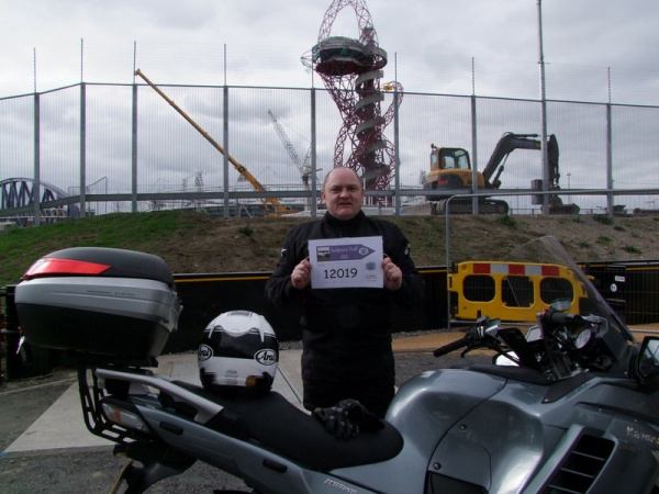 Zoom in Andy and his Kawasaki GTR1400 at the Orbit Sculpture