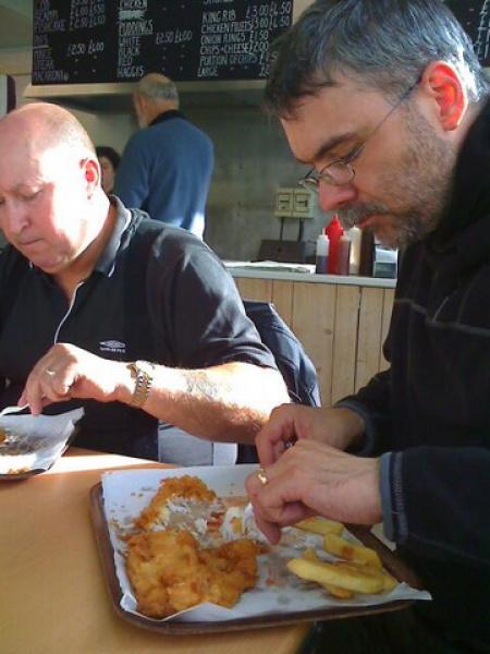 Rig and Bob enjoying Fish and Chips