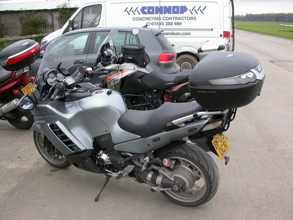 Zoom in Andy's and his Kawasaki GTR1400 at Shobdon Airfield