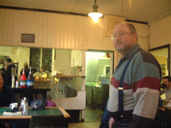 Zoom in Bob inside Grindleford Station Cafe