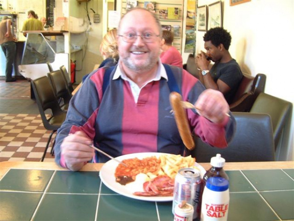 Zoom in Bob enjoying his Grindleford Station Cafe sausage