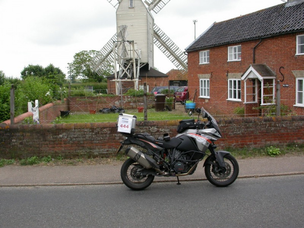 Zoom in KTM 1190 Adventure outside Stanton Windmill
