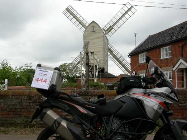 Zoom in KTM 1190 Adventure outside Stanton Windmill