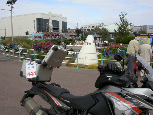 Zoom in Steve's KTM 1190 Adventure at the Jolly Fisherman Statue in Skegness