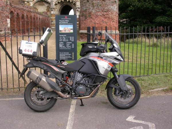 Zoom in Steve's KTM 1190 Adventure at the Hawaiian Eye Cafe at Thornton Abbey and Gatehouse