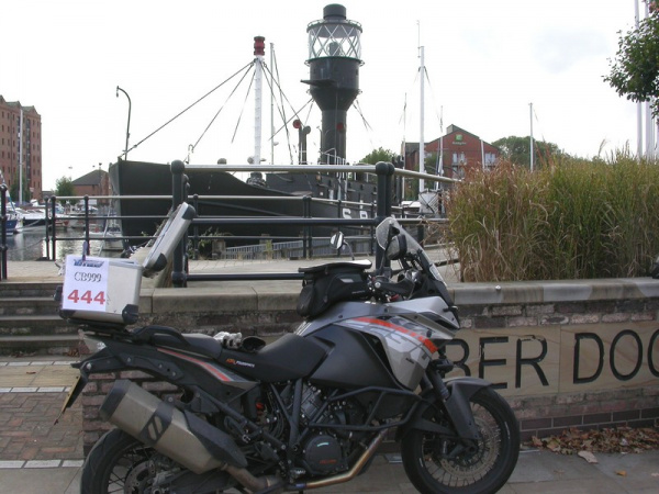 Zoom in Steve's KTM 1190 Adventure at the Spurn Lightship in Kingston upon Hull