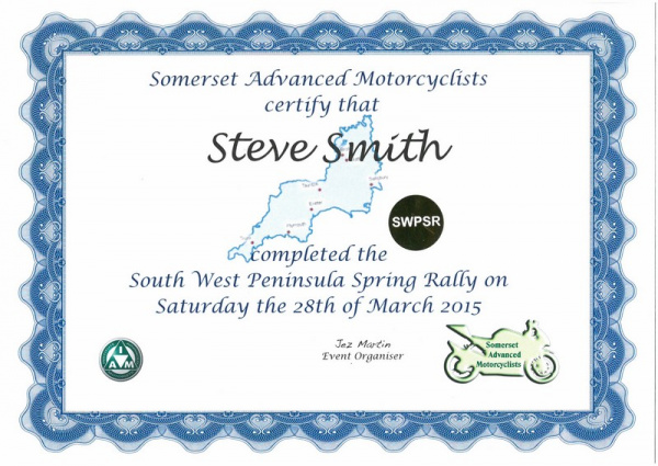 South West Peninsular Rally 2015 Certificate