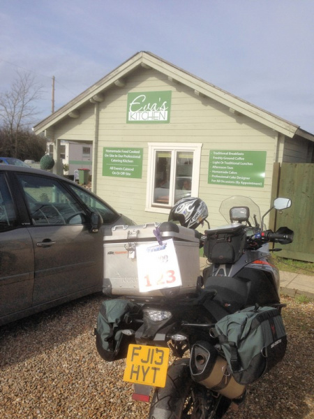 Zoom in Steve's KTM 1190 Adventure at Eva's Cafe