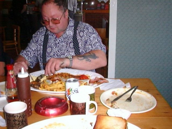 Bob with his Desperate Dan breakfast and extra chips!